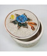 Vintage 1979 Trinket Box w/ Lid 4x3.5Inch Blue Rose Beige Ceramic - $333.83 MXN