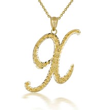 10k Solid Yellow Gold Cursive Initial Letter X Pendant Necklace - £125.66 GBP+