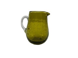Vintage Green Crackle Glass Small Pitcher Hand Blown Applied Clear Handle  - $14.80