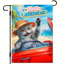 New Cat In Car Hello Summer Garden Flag 12"X18" Welcome Double Sided - $5.93