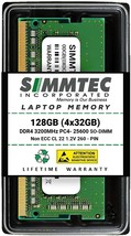 Simmtec Ram 128GB (4x32GB) DDR4 3200MHz Sodimm PC4-25600 (PC4-3200AA) CL22 1.2V - £209.03 GBP