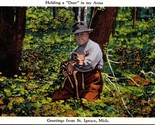 Man Holding Baby Deer St Ignace Michigan MI UNP Unused Linen Postcard L1 - $4.90