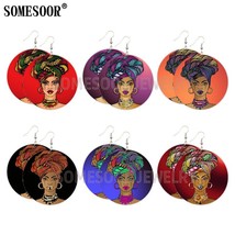 SOMESOOR Colorful African Tradition Headwrap Woman Design Wooden Drop Earrings A - £19.64 GBP