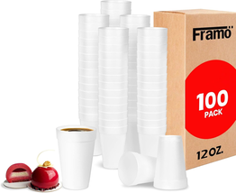Framo 12 Oz Foam Cups (100 Pack) Lightweight Insulated Foam Cups for Cof... - £29.48 GBP
