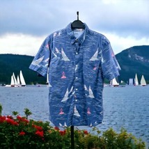 IZOD Saltwater Shirt Mens Medium Blue Relaxed Classics Sailboat Lighthouse VTG - £15.19 GBP