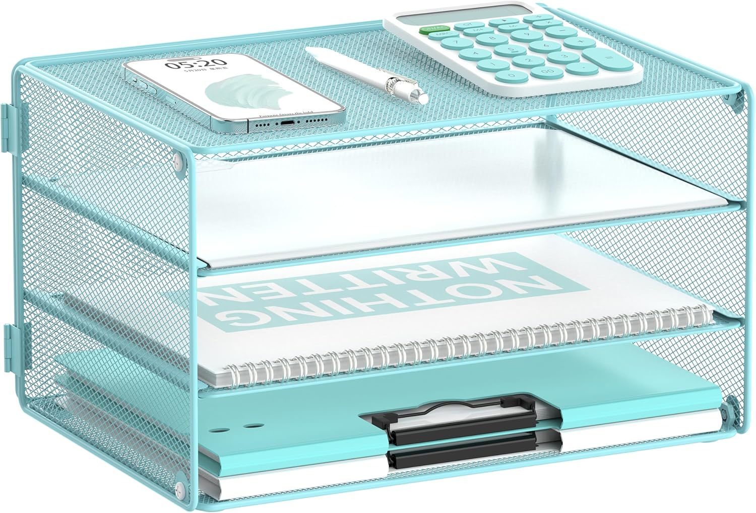 Daltack 3 Tier Letter Tray Paper Organizer Mesh Metal Desk File, Light Blue - $39.99