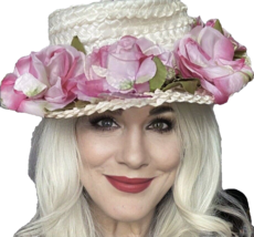 Vtg Womens Straw Wide Brim Hat 1950s White /Pink Roses Sz S Church Garde... - $1,137.51 MXN
