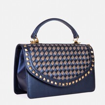 The Dosso Navy Blue and Beige Handwoven Leather Handbag image 5