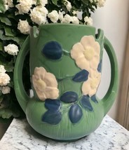 Vintage Roseville Pottery Green White Rose Handled Vase 985-8  REPRODUCTION - £25.24 GBP