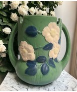 Vintage Roseville Pottery Green White Rose Handled Vase 985-8  REPRODUCTION - £24.92 GBP