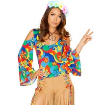 Hippie Costume Set Groovy Top Bell Sleeves Fringe Shorts Faux Skirt Sued... - £36.81 GBP
