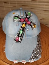 Studded Bedazzled Distressed Denim Ball Cap Hat Adjustable  - $19.99