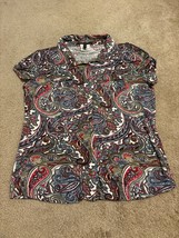 BCBG Max Azria Brown, Blue, Red Paisley Poly Stretch Snap Button-Front Shirt M - £17.92 GBP