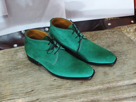 Plain Toe Sea Green Color Chukka Premium Suede Leather Men Party Wear Boots - £119.89 GBP+