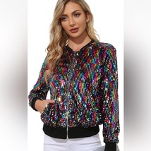 KANCY KOLE Rainbow Sequin Jacket Long Sleeve Zip Party Bomber Jacket Siz... - $66.76