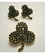 SHAMROCK BROOCH PIN and PIERCED EARRINGS GREEN RHINESTONES ST. PATRICK&#39;S... - $21.87 CAD
