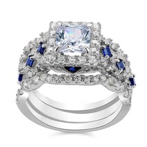 Vintage Princess White Blue Diamond Silver Wedding Engagement Ring Set - £43.98 GBP
