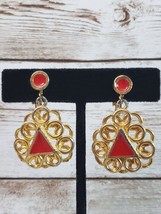 Vintage Clip On Earrings - Unusual Red &amp; Gold Tone Ornate Dangle - £8.78 GBP