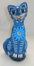 Handpainted Ceramic Clay Pottery 7&quot; Tall Kitty Cat Colorful Figurine Blue K7 - £11.87 GBP