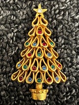 Anne Klein Vintage Gold Tone Christmas Tree Holiday Pin Brooch w/ Jewels - £13.14 GBP