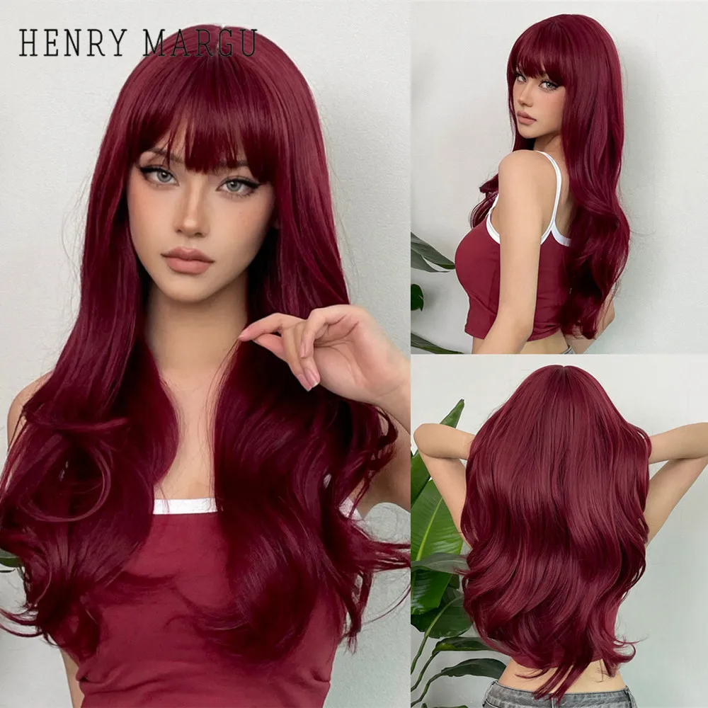 HENRY MARGU Burgundy Long Wavy Wigs Wine Red Wig with Bangs for Women Dai - £19.41 GBP+