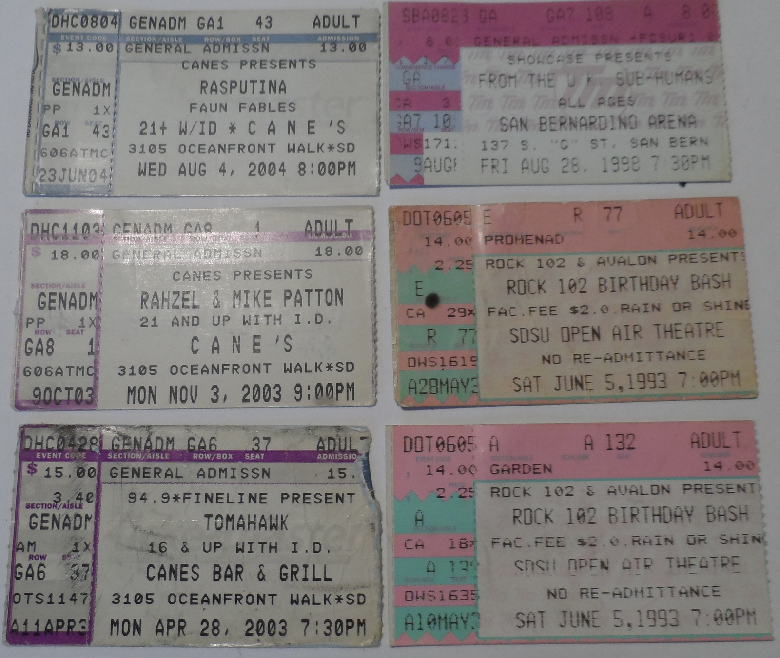 San Diego 6 pc Ticket Stub Collection Canes Tomahawk Rock 102 Subhumans ... - $14.77