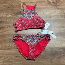 Nanette Lepore Pretty Tough Red 2PC Bikini Set Cut Out Size Small Handke... - $58.41