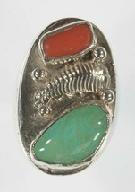 Vintage Men&#39;s Navajo Sterling Silver Turquoise &amp; Coral Ring Sz: 9.25 - $155.92