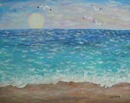 Painting Seascape Original Bob Ross Style Art Sunset Ocean Beach By Carla Dancey - £17.62 GBP