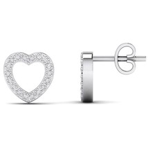 1/10CT Natural Diamond Open Heart Stud Earrings 14K White Gold Plated Silver - £140.65 GBP