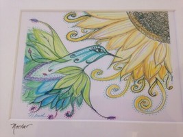 Hummingbird Sunflower Hippy Style Digital Drawing Print Pro Matted Deb Booth - £15.71 GBP