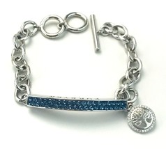 SU CZ CH Silver Tone Family Tree Forever Blue Crystal Rhinestone Bracelet - £14.21 GBP