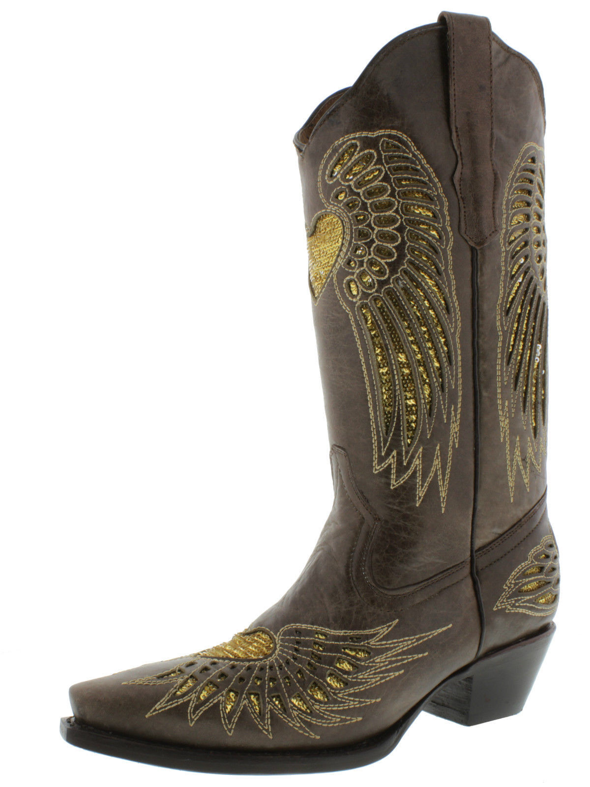 Womens Western Boot Cowboy Brown Leather Gold Sequins Heart Wings Size 5... - $97.00
