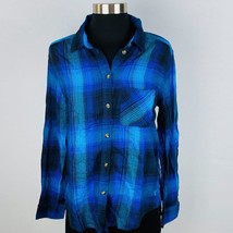 American Eagle Blue Black Shadow Plaid Flannel Women&#39;s S Vintage Boyfriend Shirt - £13.83 GBP