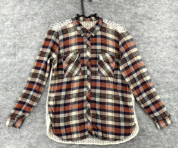 Lucky Brand Womens Shirt Medium Brown Checkered Crochet Lace Back Long S... - £10.43 GBP