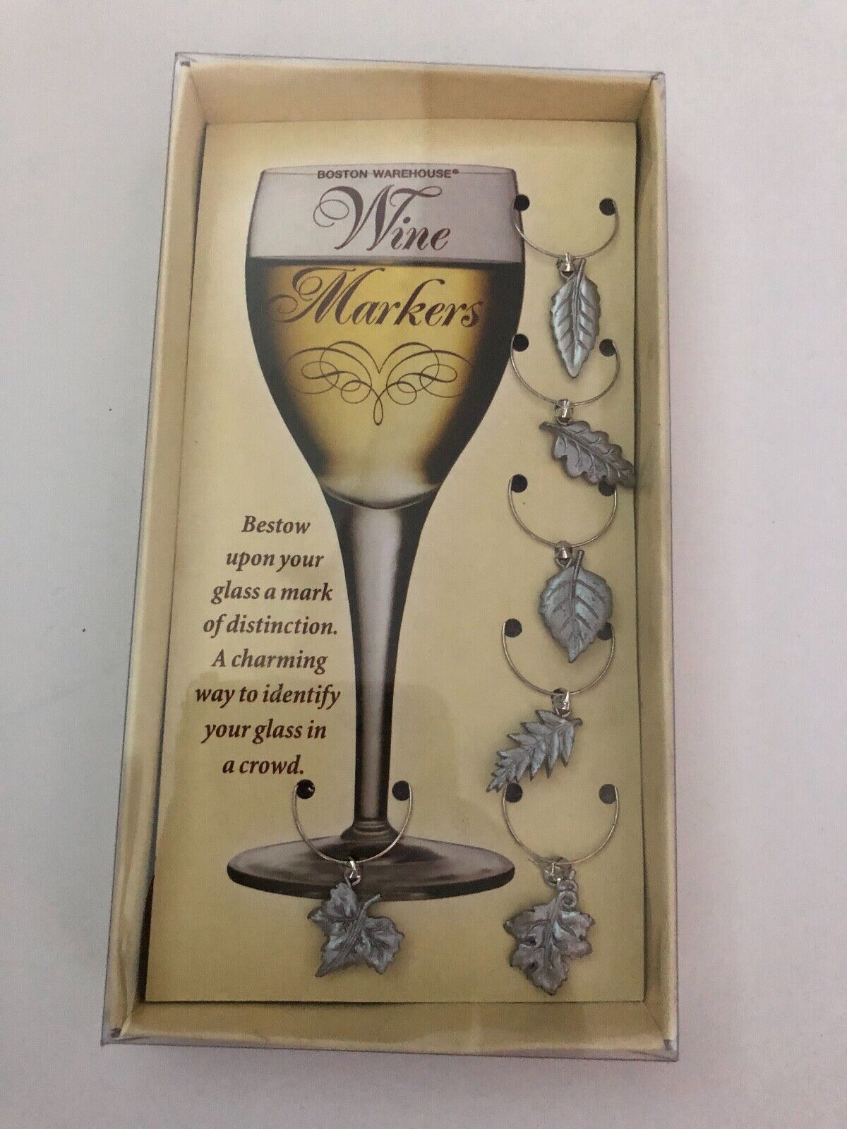 BOSTON WAREHOUSE Wine Glass Charms Markers silver leaves metal Theme NIB 6p 2001 - $8.90