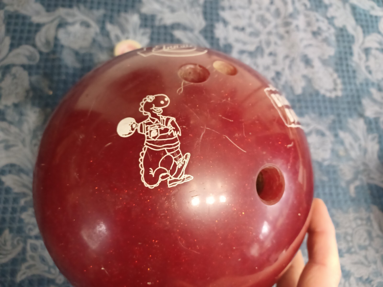 Vtg Retro Ebonite Youth Red Glitter Bronto Bowl Dinosaur Bowling Ball 6 lb 4 oz Item image 3