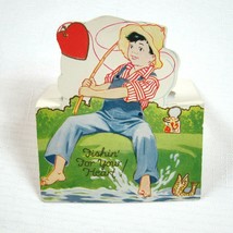 Vintage Valentine 1929 Stand Up Boy Fishing For Heart American Colortype Co USA - $14.99