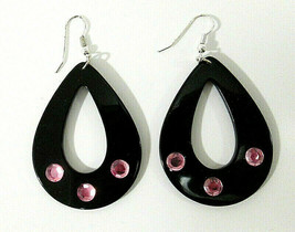 Black Plastic &amp; Pink Rhinestone Teardrop Dangle Costume Earrings Large Retro Mod - £8.65 GBP