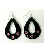 Black Plastic &amp; Pink Rhinestone Teardrop Dangle Costume Earrings Large R... - £8.62 GBP