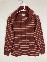 POL Striped Knit Hoodie Women Medium Brown and White Hooded Sweater Viscose - £22.44 GBP