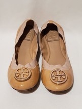 Tory Burch Women’s Claire Elastic Patent Leather Logo Ballet Tan &amp; Gold Flats 8M - £39.56 GBP