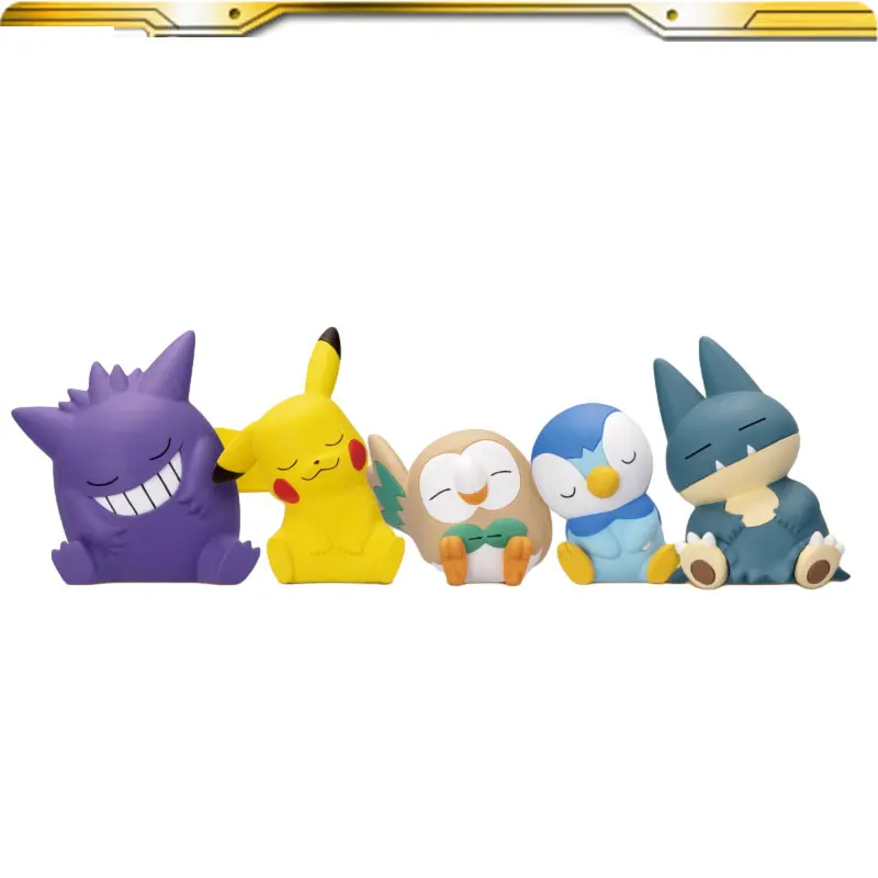 5PCS Original Pokemon Figures Pikachu Gengar Gonbe Rowlet Piplup Sitting Sleep - £56.93 GBP