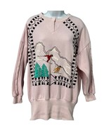 Vintage 80s Baby Pink Mixed Media Skiing Winter Sweatshirt Crew Neck Size L - $656.96 MXN