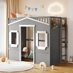 Twin Size House Loft Bed With Ladder And 2 Atticfront Windows, Bedframe W/Wood S - £727.15 GBP