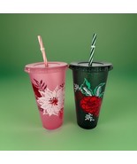 Starbucks Holiday Green &amp; Pink Floral 24 oz. Cups w/ straws  2022 - $26.96 CAD