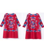 New spring red color with blue floral printing skirt overroll shift dress - £60.35 GBP