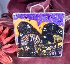 Halloween Themed Creepy Mushrooms Hand Painted Ceramic Tile Decor Unique... - $7.45