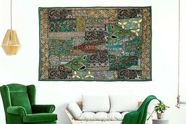 Indian Heavy Hand Embroidered Wall Hanging Vintage Zari Patchwork Beads Tapestry - £58.50 GBP