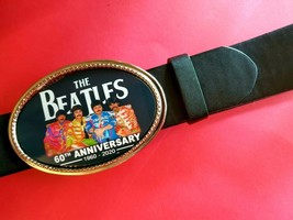 The BEATLES***60th Anniversary Photo Buckle &amp; 1 1/2&quot; Black Bonded Belt New! - £19.42 GBP